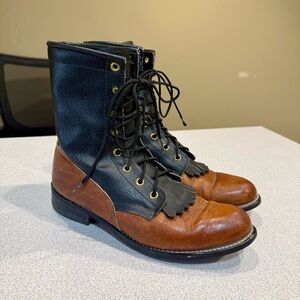 Women's 7 M Brown Black Lace Up Texas American Made Kiltie Cowboy Boots 4460